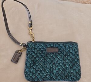 Coach Teal Snake Print Nylon Taylor Top Wristlet